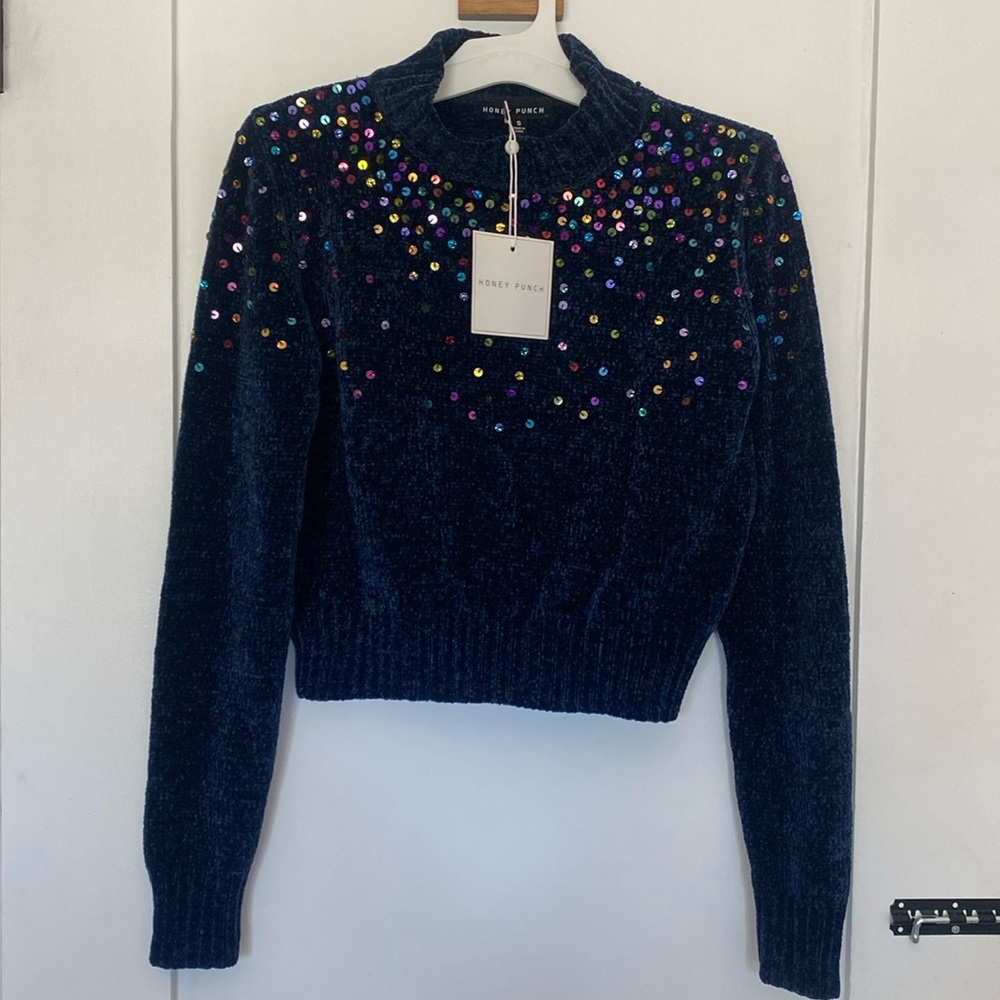 Honey Punch Navy Blue Embroidered Turtleneck Sweater